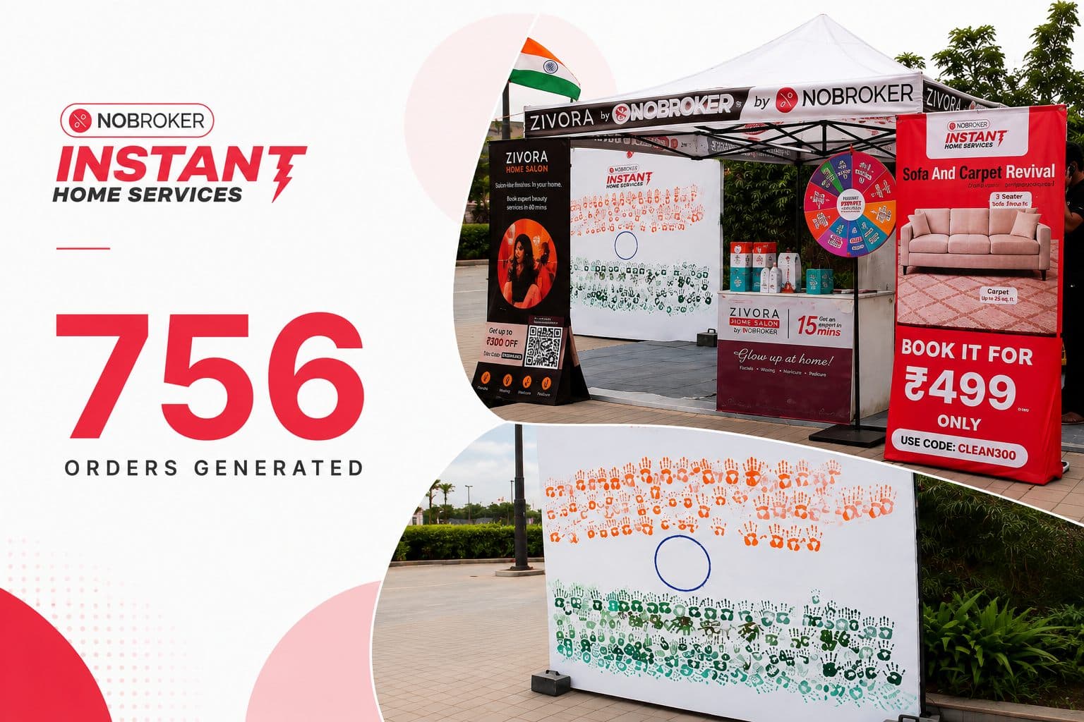NoBroker Instant Home Services results graphic showing 756 orders generated across the RWA activation program
