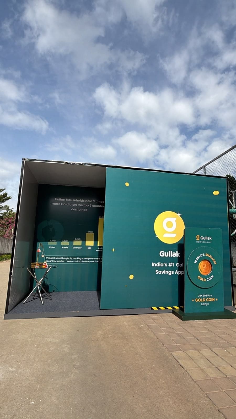 Gullak Gold Maze entrance showcasing gold reserve comparison infographics and 0.02gm coin pillar