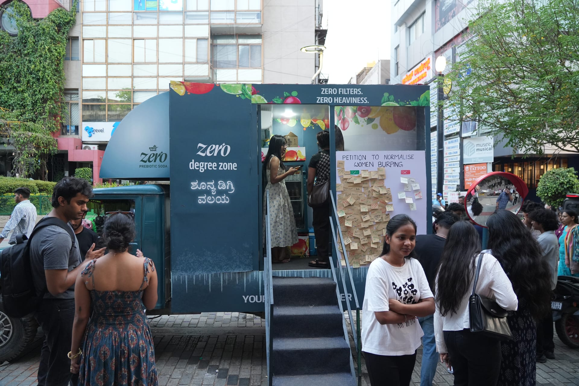 Paper Boat Zero Prebiotic Soda Burping Booth canter parked on Church Street, Bengaluru